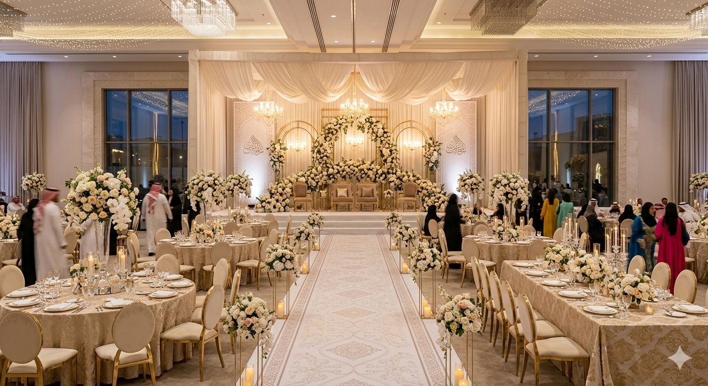 تنسيق وتجهيز قاعات المناسبات، الزواج، الكوشات، والطاولات (خدمة متكاملة)